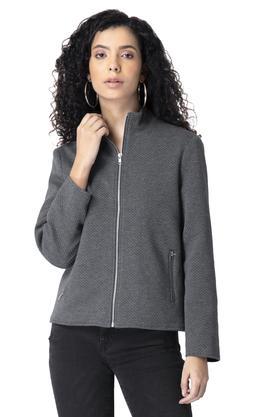 solid polyester mandarin women's casual jacket - grey