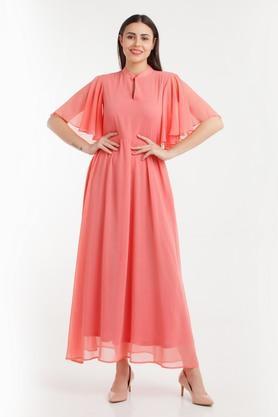 solid polyester mandarin womens maxi dress - coral