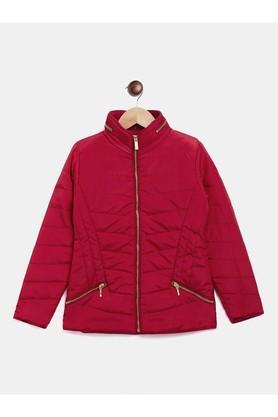 solid polyester mock neck girls jacket - red