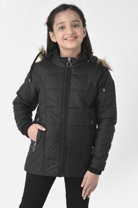 solid polyester mock neck girls padded jacket - black