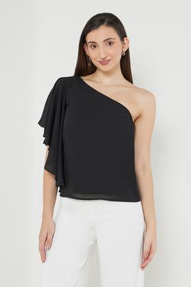 solid polyester one shoulder women's top - black