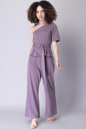 solid polyester one shoulder womens kurta pant set - purple
