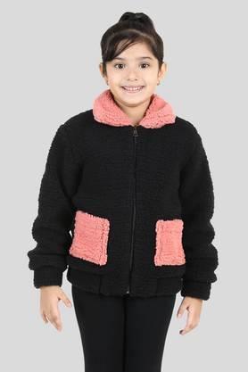 solid polyester regular fit girls jacket - black