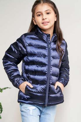 solid polyester regular fit girls jacket - navy