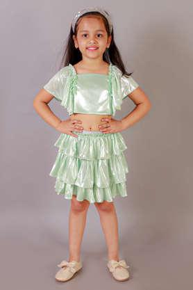 solid polyester regular fit girls top & skirt - green