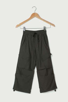 solid polyester regular fit girls trousers - olive