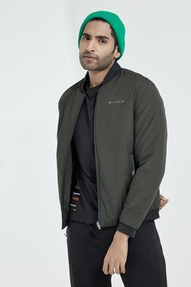 solid polyester regular fit men's jacket - olive