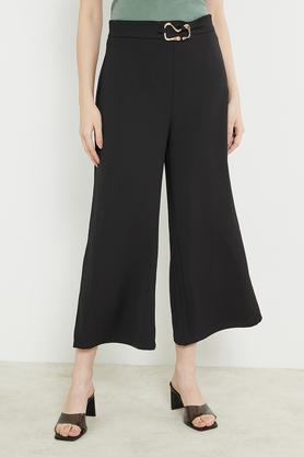 solid polyester regular fit women's casual pants - black