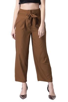 solid polyester regular fit women's casual pants - brown