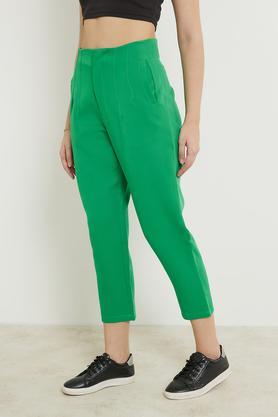 solid polyester regular fit women's casual pants - green