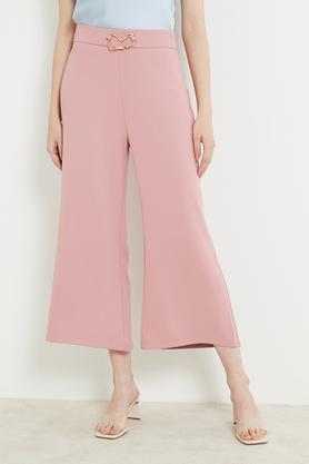 solid polyester regular fit women's casual pants - peach