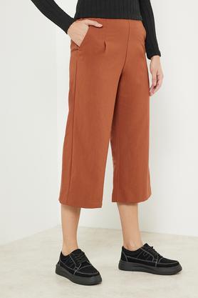 solid polyester regular fit women's casual pants - rust