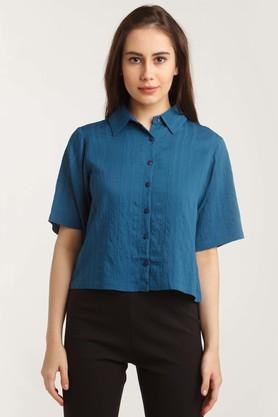 solid polyester regular fit women's casual shirt - navy