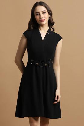 solid polyester regular fit women's dress - black