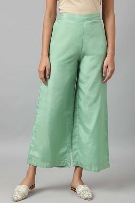 solid polyester regular fit women's festive pants - mint