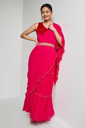 solid polyester regular fit women's festive wear saree - pink mix