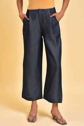 solid polyester regular fit women's flared pants - blue