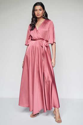 solid polyester regular fit women's gown - pink