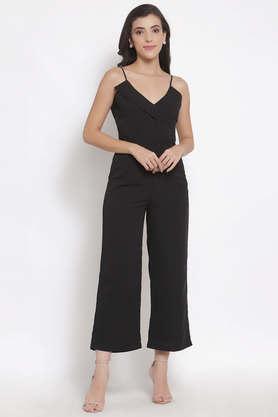 solid polyester regular fit women's jumpsuit - black