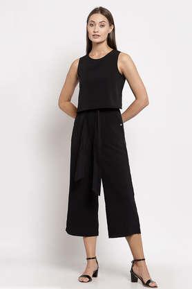 solid polyester regular fit women's jumpsuit - black