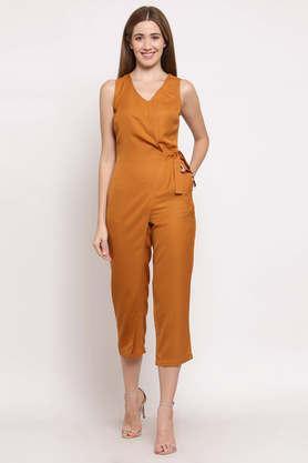 solid polyester regular fit women's jumpsuit - brown