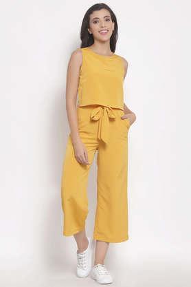 solid polyester regular fit women's jumpsuit - mustard