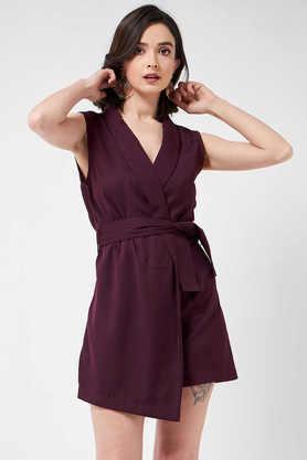 solid polyester regular fit women's jumpsuit - wine