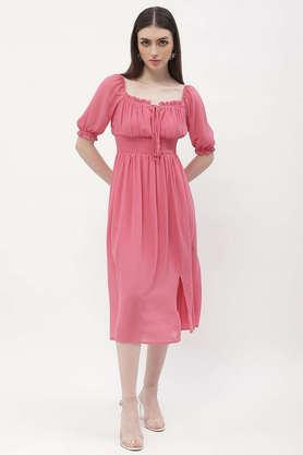 solid polyester regular fit women's midi dress - pink