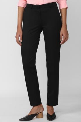 solid polyester regular fit women's pants - black