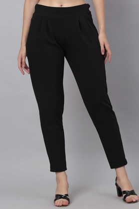 solid polyester regular fit women's pants - black