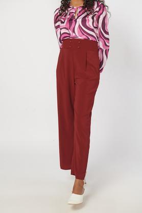 solid polyester regular fit women's pants - dark pink