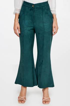 solid polyester regular fit women's pants - green