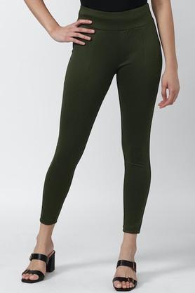 solid polyester regular fit women's pants - olive
