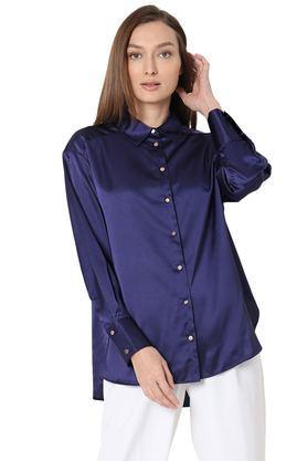 solid polyester regular fit women's shirt - dark blue