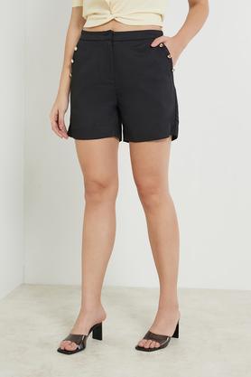 solid polyester regular fit women's shorts - black