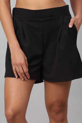 solid polyester regular fit women's shorts - black