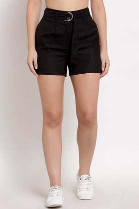 solid polyester regular fit women's shorts - black