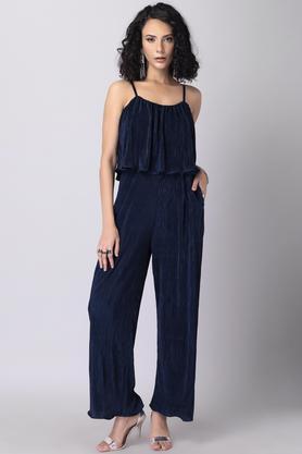 solid polyester regular fit women's sleeveless jumpsuit - blue