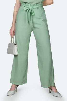 solid polyester regular fit women's straight trousers - green