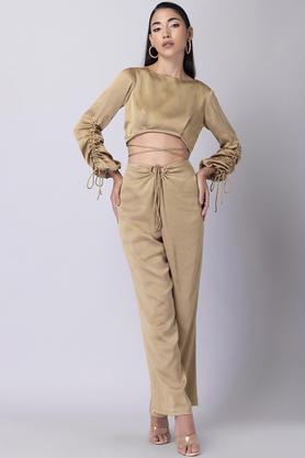solid polyester regular fit women's top and high waist pants co-ord set - yellow