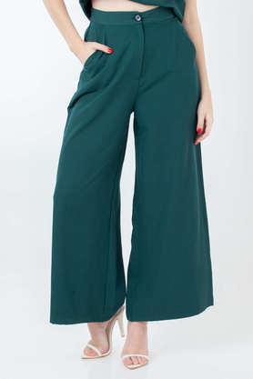 solid polyester regular fit women's trouser - green