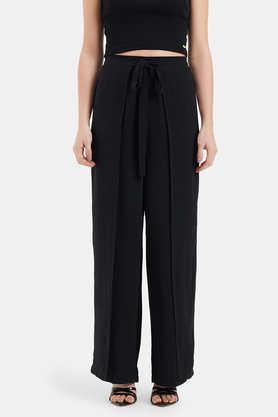 solid polyester regular fit women's trousers - black