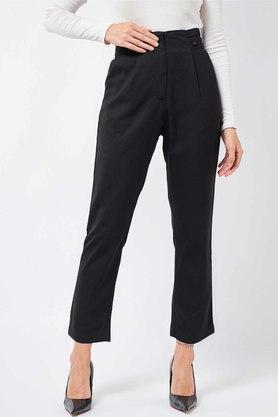 solid polyester regular fit womens pants - black