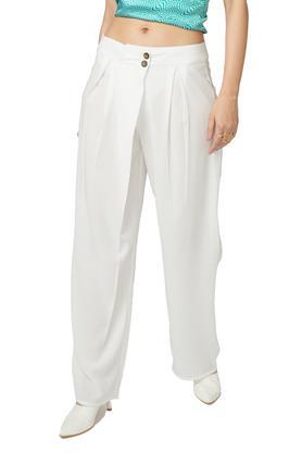 solid polyester regular fit womens pants - cream