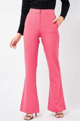 solid polyester regular fit womens slit trousers - fuschia