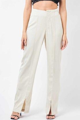 solid polyester regular fit womens slit trousers - natural