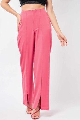 solid polyester regular fit womens slit trousers - pink