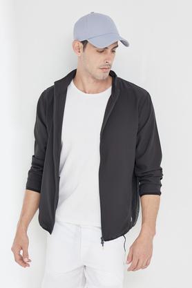 solid polyester regular men's active wear jacket - black