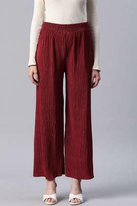 solid polyester regular women's flared palazzo - maroon