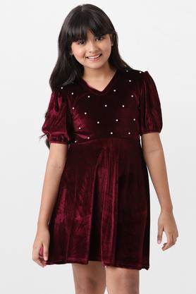 solid polyester relaxed fit girls dress - burgundy